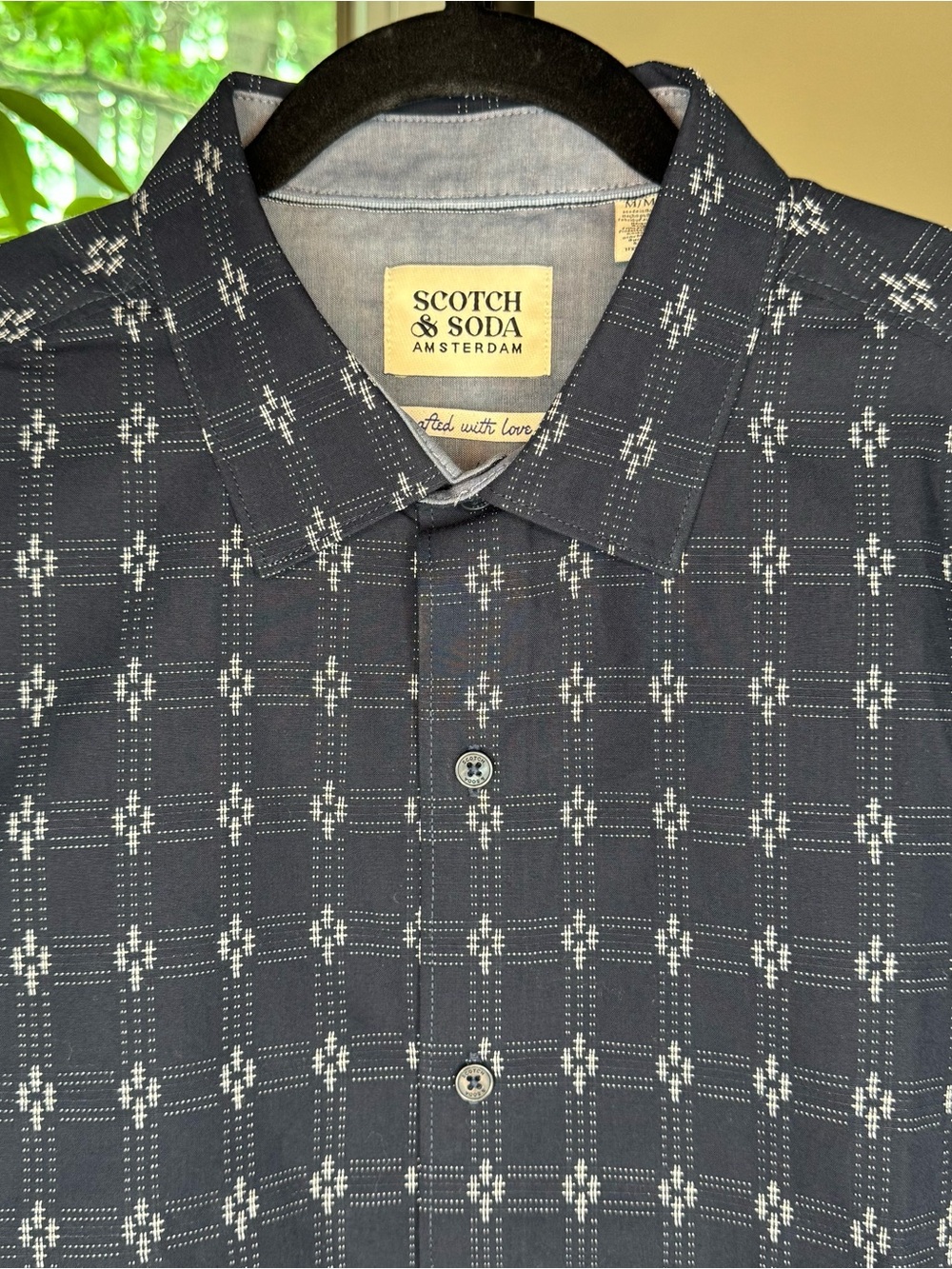Scotch & Soda Amsterdam Men's Navy Geo Embroidered Popcorn Dobby Button Up Shirt